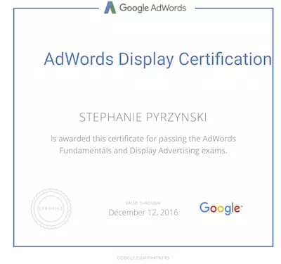 Stephanie Pyrzynski Google Ads Display Certification