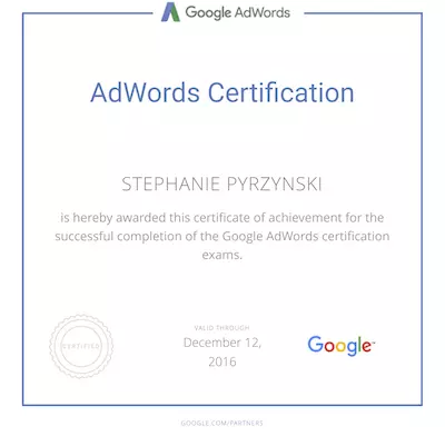 Stephanie Pyrzynski Google Ads Search Certification