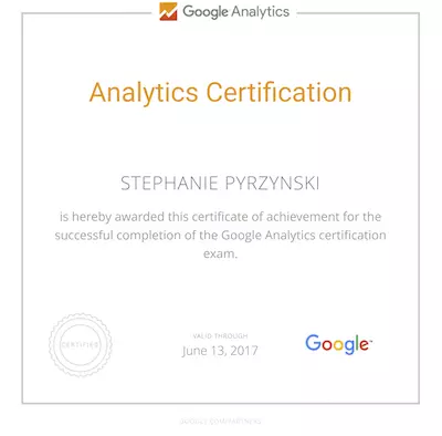 Stephanie Pyrzynski Google Analytics Certification