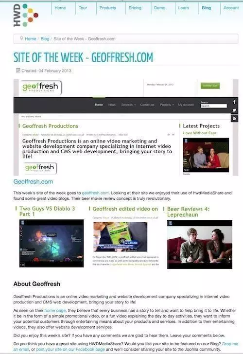 Geoffresh Site of the Week 2013- HWD Screenshot