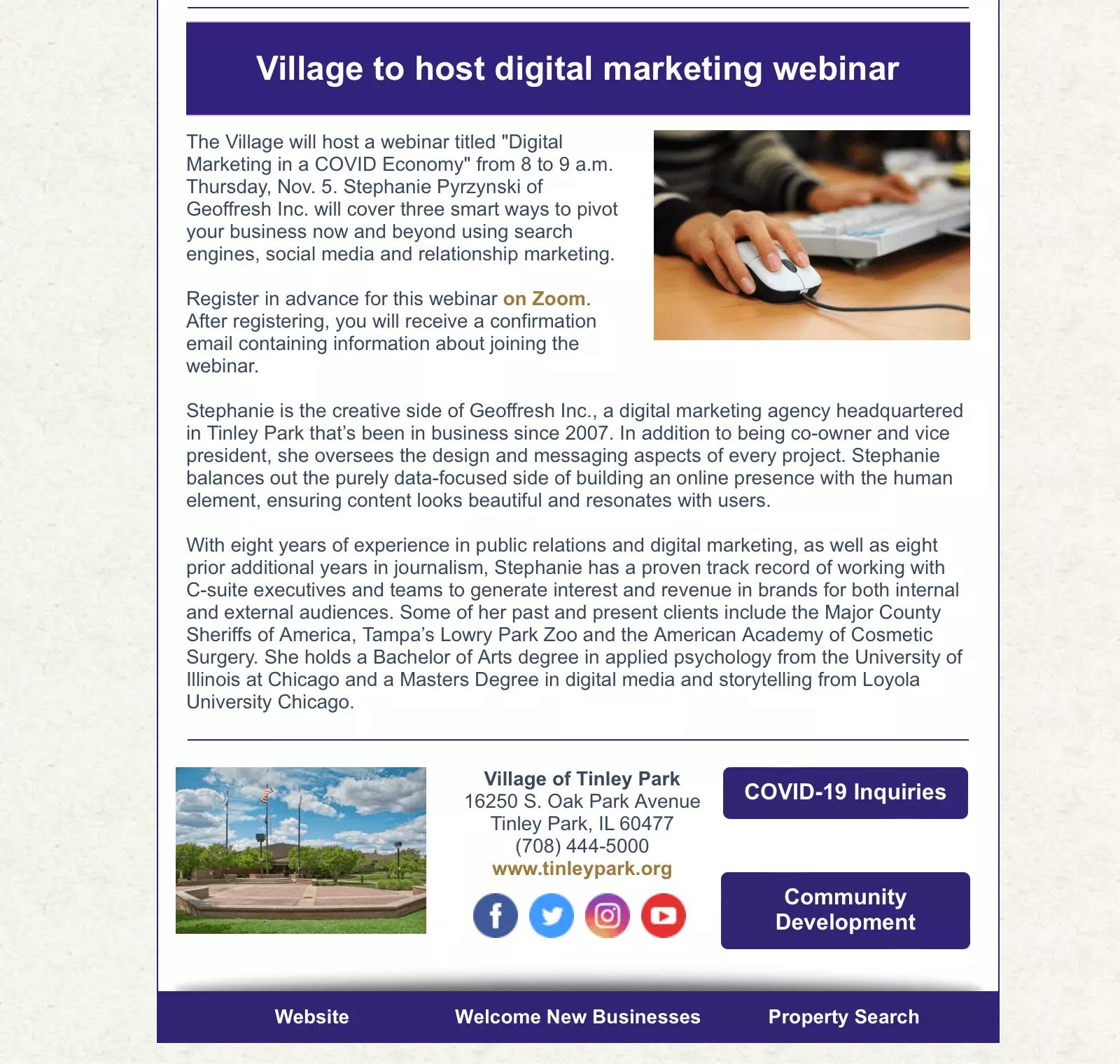 Village of Tinley Park to host digital marketing webinar—guest speaker: Stephanie Pyrzynski, VP of Geoffresh SEO Web Design Agency