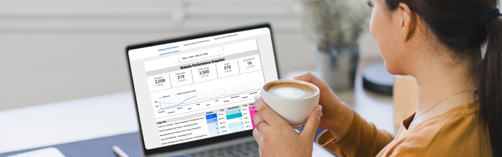 Woman checking her Geoffresh SEO Website Performance Dashboard